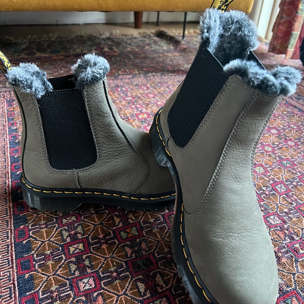 Dr. Martens Olive Chelsea Ankle Boots with Fur Trim